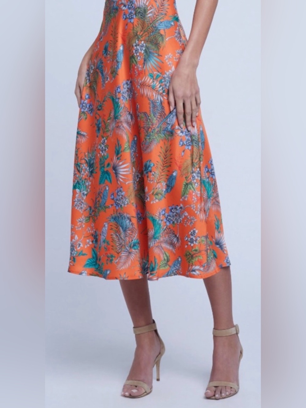 L'AGENCE Orange Tropical Floral Midi Skirt